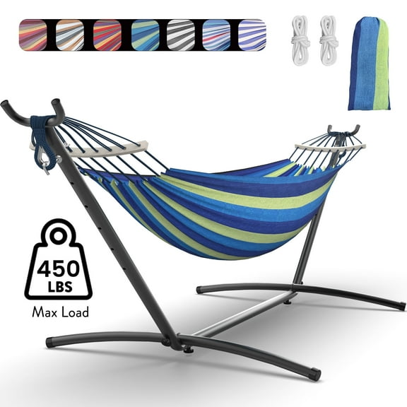 KEESTP Comfortable 2 Person Hammock with Stand,Ease of Assembly Portable Brazilian Hammock,450lb Capacity - Wideblue