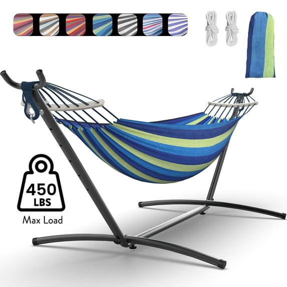 KEESTP Comfortable 2 Person Hammock with Stand,Ease of Assembly Portable Brazilian Hammock,450lb Capacity - Wideblue