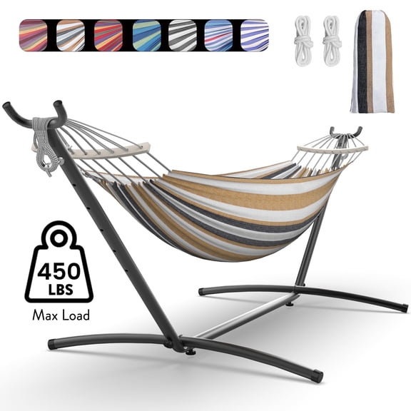 Comfortable 2 Person Hammock with Stand,Ease of Assembly Portable Brazilian Hammock,450lb Capacity - Coffee