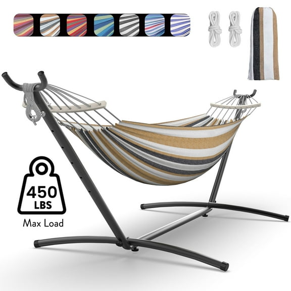 KEESTP Comfortable 2 Person Hammock with Stand,Ease of Assembly Portable Brazilian Hammock,450lb Capacity - Coffee