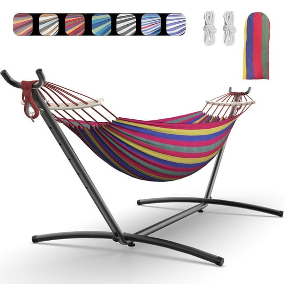 KEESTP Comfortable 2 Person Hammock with Stand,Ease of Assembly Portable Brazilian Hammock,450lb Capacity - Rainbow