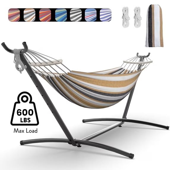 KEESTP Comfortable 2 Person Hammock with Stand,Ease of Assembly Portable Brazilian Hammock,600lb Capacity - Coffee