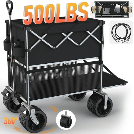 KEESTP Double Decker Heavy Duty Foldable Wagon with Big Weight Capacity, Collapsible Adjustable Handle Folding Garden Cart with Big All-Terrain Beach Wheels, Black