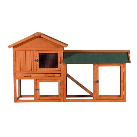KEESTP Large Wooden Rabbit Hutch 58", 2-Story Indoor Outdoor Bunny Cage with Run, Pull-Out Metal Tray & Waterproof Asphalt Roof for Rabbits, Guinea Pigs