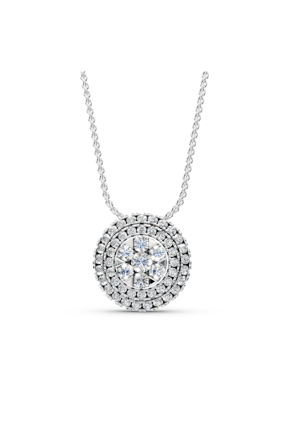 0.80 Carat E-F/VVS-VS Round Moissanite Floral Cluster With Double Halo Pendant Necklace for Women,18-Inch Chain, Made in White Gold Plated Silver.