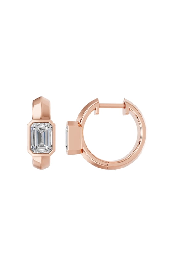 1.00 Carat Emerald Moissanite Huggie Hoop Bezel Set Solitaire Earring for Women Rose Gold Plated Silver