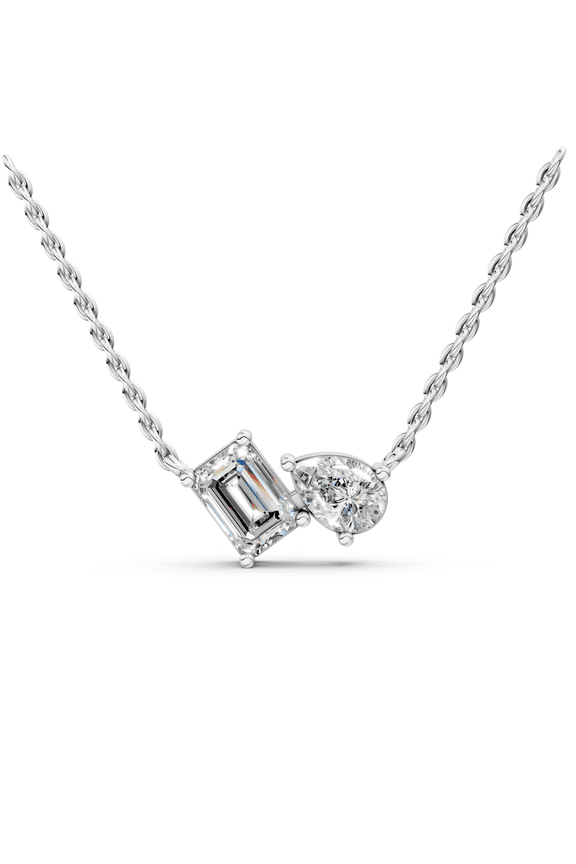 1.35 Carat E-F/VVS-VS Two-Stone Moissanite Pendant Necklace, Emerald and Pear Cut Necklace for Women,18-Inch Chain, Made in White Gold Plated Silver.