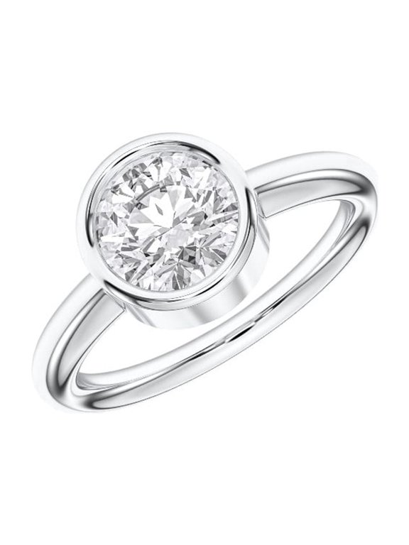 2.00 Carat Round Moissanite Bezel Set Solitaire Engagement Ring for Women Made in White Gold Plated Silver Size 10