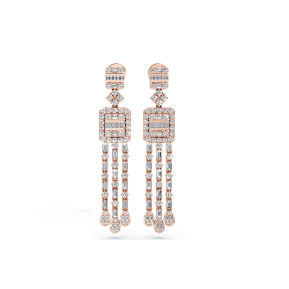 KEEVA JEWELS 2.50 Carat Round & Baguette Chandelier Design Moissanite Earrings for Women, Made in Rose Gold Plated Silver.