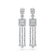 KEEVA JEWELS 2.50 Carat Round & Baguette Chandelier Design Moissanite Earrings for Women, Made in White Gold Plated Silver.