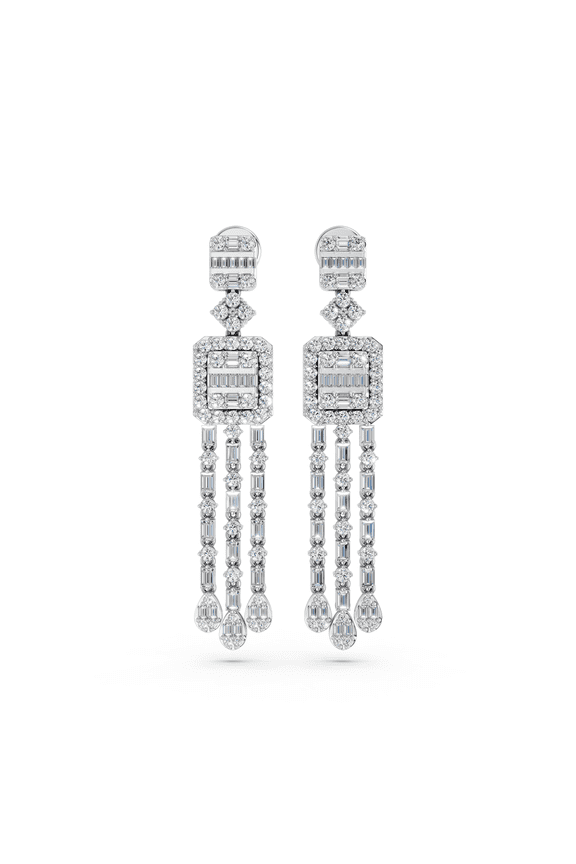 2.50 Carat Round & Baguette Chandelier Design Moissanite Earrings for Women, Made in White Gold Plated Silver.