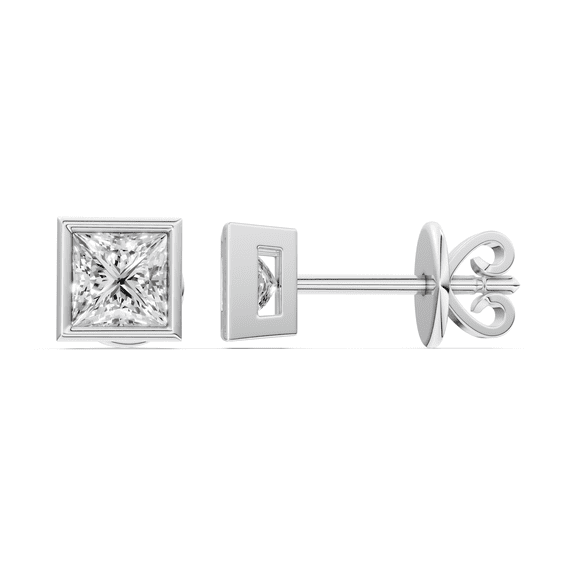 KEEVA JEWELS 3.00 Carat Moissanite Bezel Set Princess Cut Gemstones Solitaire Stud Earrings for Women, Made in White Gold Plated Silver.