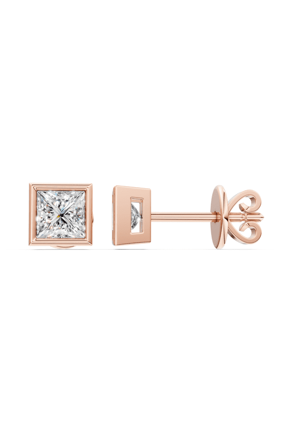 4.00 Carat Moissanite Bezel Set Princess Cut Gemstones Solitaire Stud Earrings for Women, Made in Rose Gold Plated Silver.