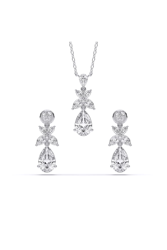 4.80 Carat Pear, Marquise & Round Moissanite Dangle Jewelry Set for Women Made in White Gold Plated Silver