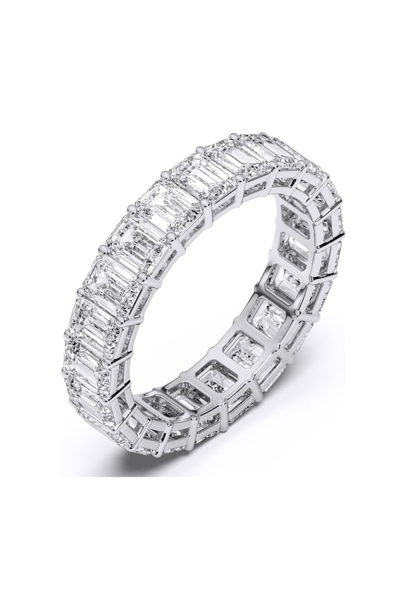 5.00 Carat High Quality Emerald Shape Moissanite Eternity Band for Women Made in White Gold Plated Silver Size 8.5