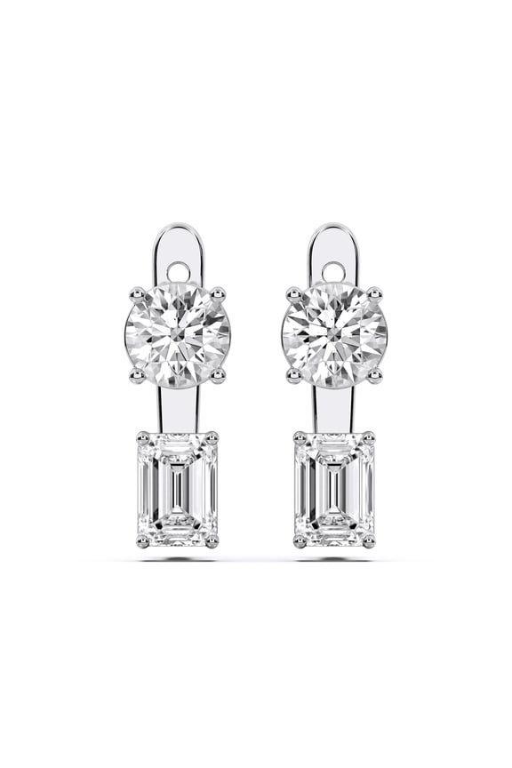 8.00 Carat Round & Emerald Unique Design Stud Moissanite Earrings for Women, Made in White Gold Plated Silver.