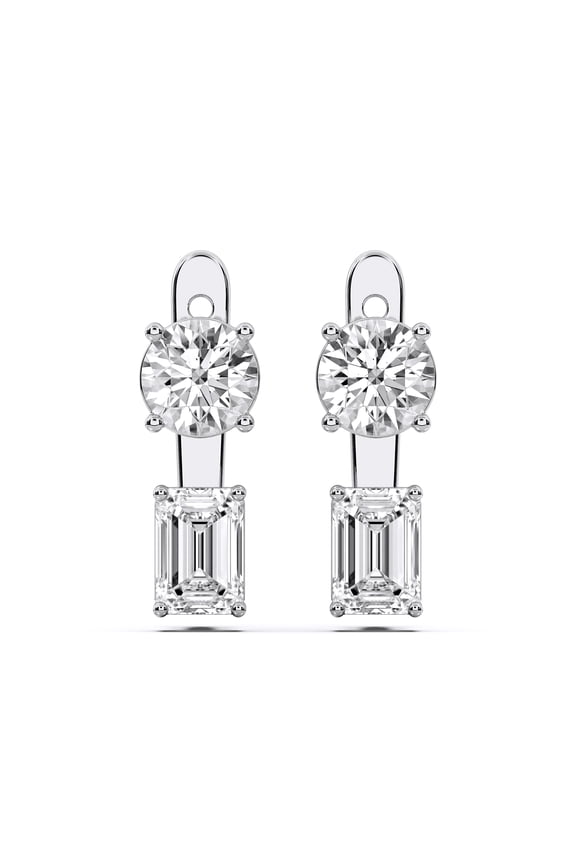 8.00 Carat Round & Emerald Unique Design Stud Moissanite Earrings for Women, Made in White Gold Plated Silver.