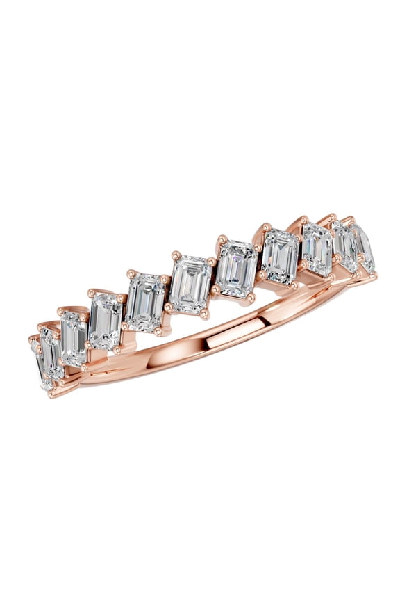 Rose Gold Plated Silver Emerald Cut 1.10Ct Moissanite Stone Classic Half Eternity Wedding Ring Size 6.5
