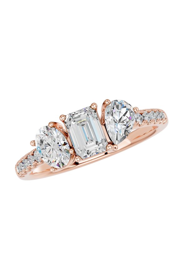 Rose Gold Plated Silver Emerald, Oval, Pear & Round Cut 1.15Ct Moissanite Stone Classic Unity Three-Stone Wedding Ring Size 7.5