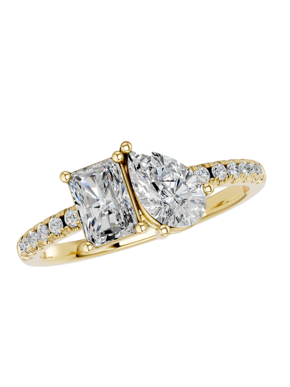 Yellow Gold Plated Silver Emerald, Pear & Round Cut 1.15Ct Moissanite Stone Classic Unity Toi Et Moi Wedding Ring Size 5