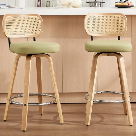 KEEZY Natural Rattan Bar Stools Set of 2,Upholstered PU Leather Counter Height Barstools with Back and Bent Wood Legs,360°Swivel,Mid-Century Modern Bar Stool for Kitchen Island and Bar(Grass Green)