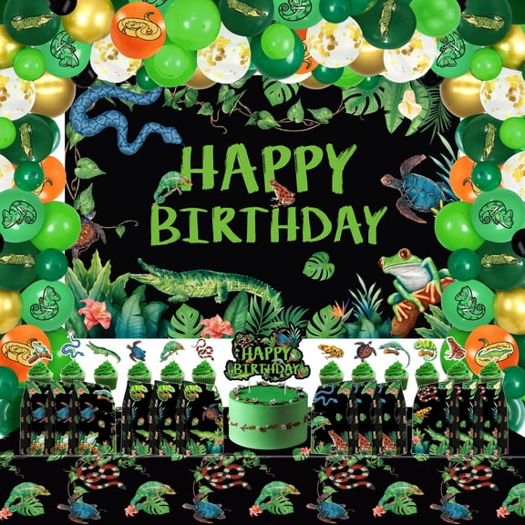 KEFAN Reptile Party Decorations Balloon Garland KKS1Arch Set, Lizards Snakes Crocodiles Party Party Supplies, including Backdrop, Gift Bags, Tablecloth, Balloons, Cake toppers, Foil Balloons