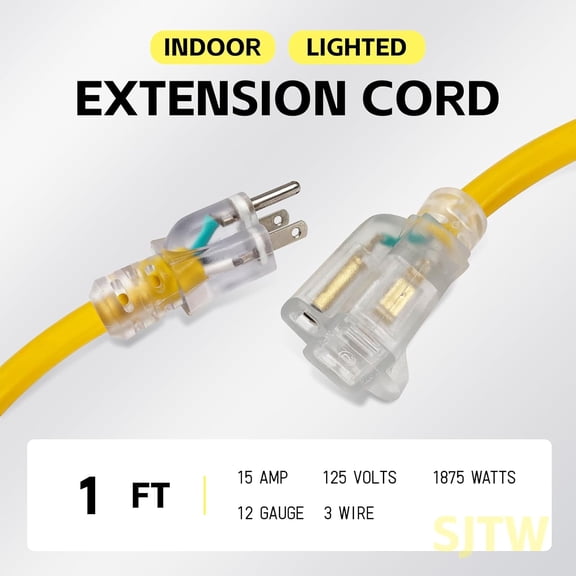 KEFENL-1 ft Lighted Extension Cord - 12/3 SJTW Heavy Duty Yellow Extension Cable with 3 Prong Grounded Plug - 15AMP Power Cord for Lawn, Garden, Appliances