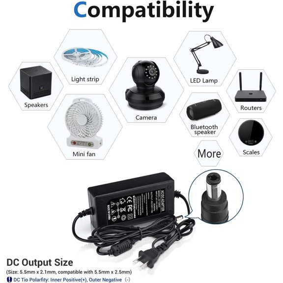 KEFENL-12V 5A Power Adapter 60W AC/DC Converter Suitable for LED Strips, Surveillance Cameras, and Computer Monitors. Features a 5.5x2.5mm Connector and a 2.1mm Plug.