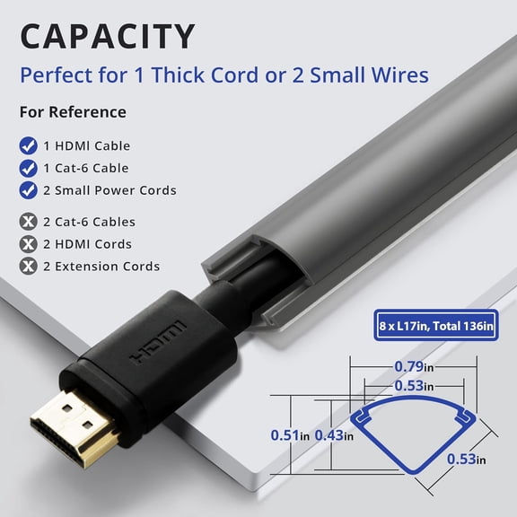 KEFENL-136in Corner Cable Concealer, Corner Cord Hider for One Cord, Wire Covers for Cords, Paintable Corner Cord Cover, Cable Management Channel Cable Raceway for Wall, Floor Baseboard, Ceiling Gre
