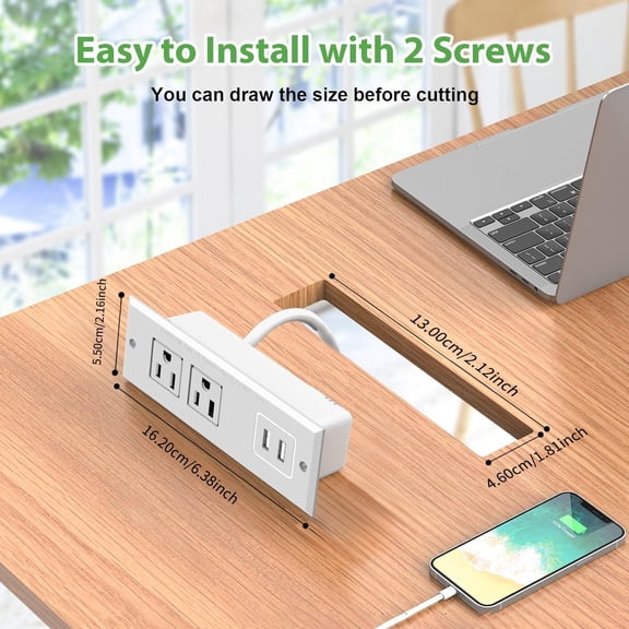 KEFENL-1500W Recessed Power Strip Mount Hidden Charging Station with USB Plug Multiple Surge Protector Outlet Extender with Extension Cord for Nightstand Furniture Bed Conference Table (White)