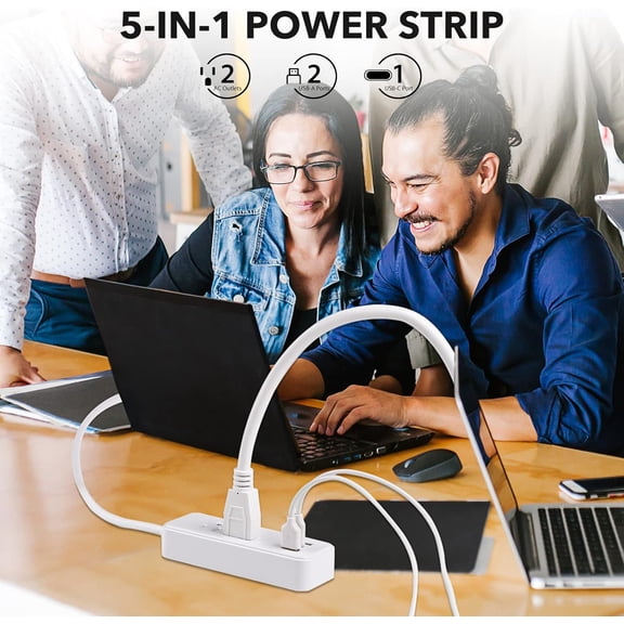 KEFENL-2-Outlet Power Strip with 3 USB Ports(1 USB-C), Flat Plug, 6 ft Power Cord, Desktop Charging Station with USB C, White, DC3S-1102-DC