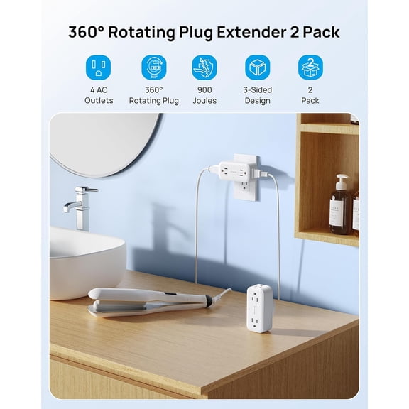 KEFENL-2 Pack 360 Rotating Outlet Extender, 4 AC Plug Adapter with 900 Joules Surge Protection, 3 Way Charging Station, Multi Plug Wall Outlet for Home Office Travel Dorm Essentials, White