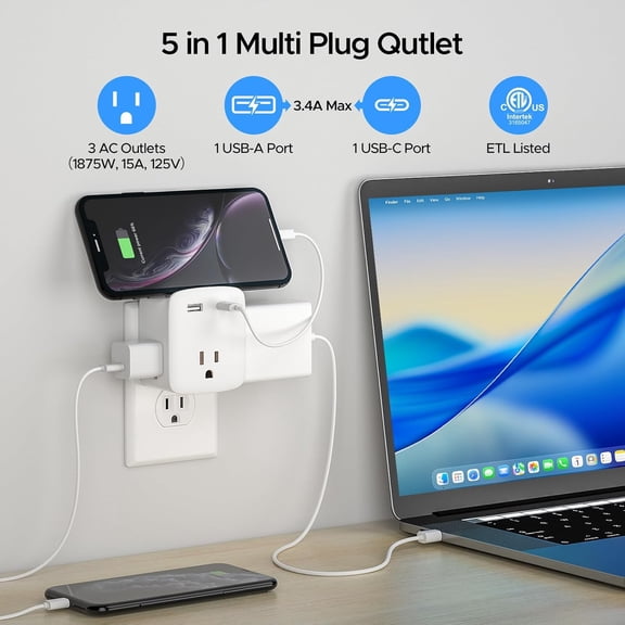 KEFENL-2 Pack Cruise Ship Approved Outlet Extender, Non Surge Protector Power Strip with 3 AC Outlets & 2 USB (1 USB-C), Multi Plug Adapter, Travel Cruise Essentials, ETL Listed.