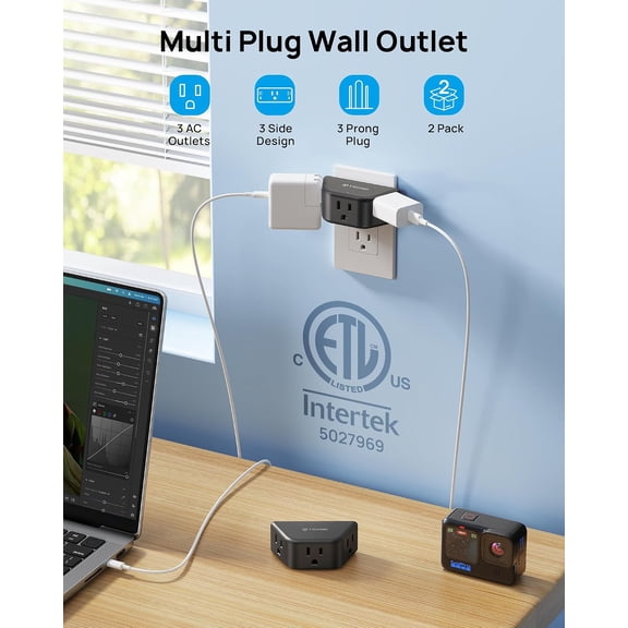 KEFENL-2 Pack Multi Plug Wall Outlet, 3 Way Angled Wall Outlet Extender, 3 Prong Plug Splitter, Cruise Essentials, Multiple Expander for Travel Home Hotel Dorm Room, Black