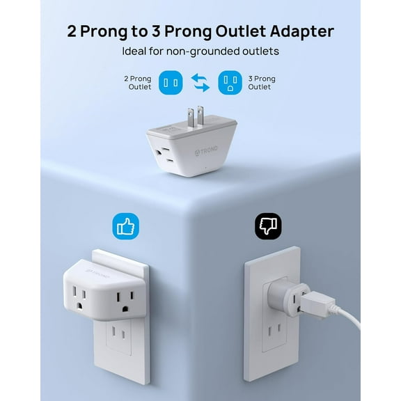 KEFENL-2 Prong to 3 Prong Outlet Adapter, 3-Way Angled Plug Extender with 3 AC Sockets, Wall Splitter for Non-Grounded Outlets in Old House, Cruise Essentials, White