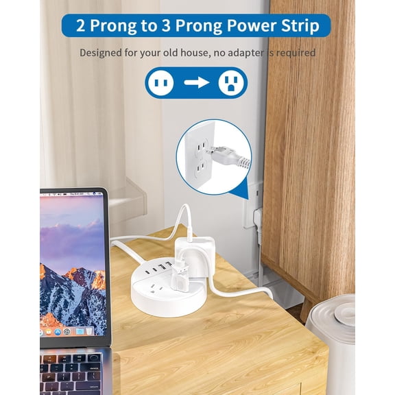 KEFENL-2 Prong Power Strip with USB-C, 1875W/15A, 180 Rotating Plug, Two Prong Power Strip, 2 Prong to 3 Prong Outlet Adapter, 3 Outlets 4 USB, Extension Cord 5 feet, Ideal for Old House