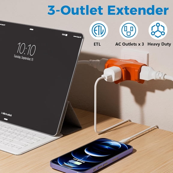 KEFENL-3-Outlet Adapter, 3 Prong Plug Extender, Heavy-Duty Grounded Power Tap 3 Way Splitter Adapter, Electric Outlet Expander Sideways, Multiple Colors, T-Shape Design, ETL Listed, Orange/White/Gre