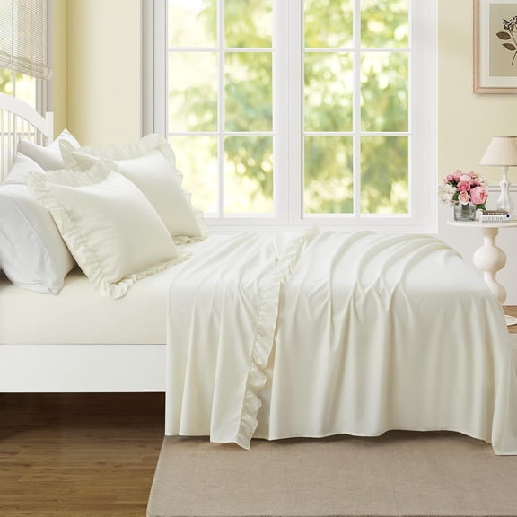 KEFENL-3 Pieces Ruffle Twin Sheet Set, Beige Bed Sheets Twin Size, Microfiber Coquette Beige Sheets with 16 Inch Deep Pocket Fitted Sheet, 1 Ruffled Flat Sheet & 1 Ruffled Pillow Shams