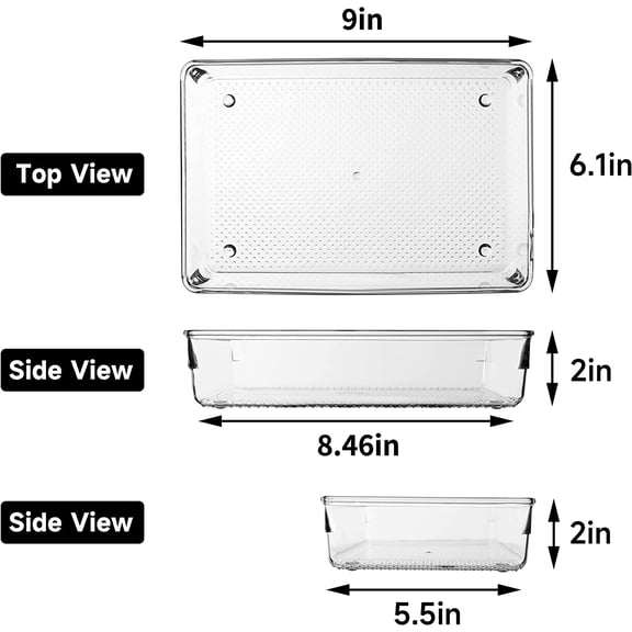 KEFENL-3 Set Clear Plastic Junk Drawer Organizer Vanity Curlery Utensil Makeups Organizer for Kitchen 6" X9''