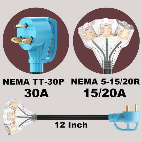 KEFENL-30 Amp to 110V RV/Generator Distribution Adapter Cord, NEMA TT-30P Male to 3X 5-15R/5-20R T-Blade Household Outlet Female with LED Power Indicator 3750W