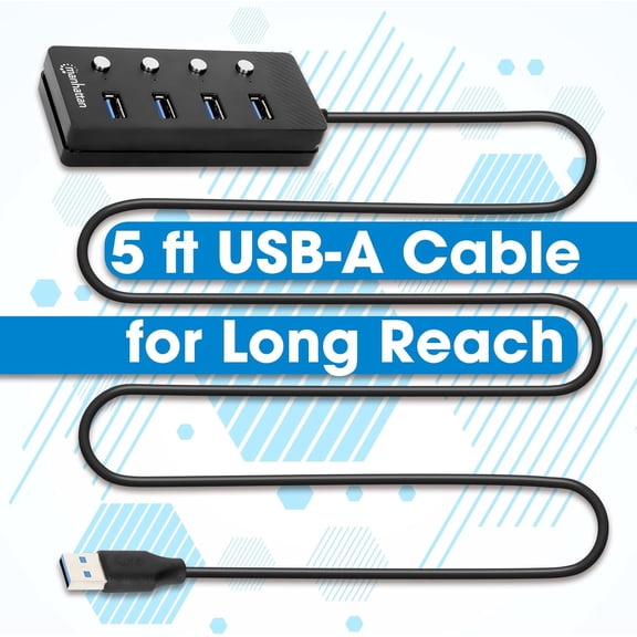 KEFENL-4 Port USB Extension Cable Hub with (5ft Long Cord)  USB 3.2 Powered USB Splitter On/Off Switches  USB Extender/Multiport Adapter for Desktop Computer, Laptop, PC Accessories