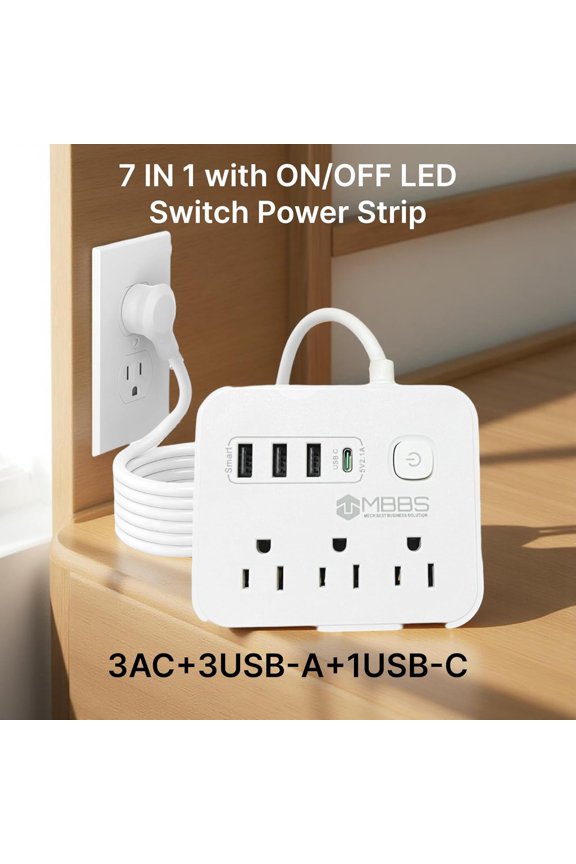 -4 ft Surge Protector Power Strip with USB C, 1200J Protection, Heavy Duty Extension Cord  (7-in-1) 3 AC Outlets, 4 USB Ports, LED On/Off Switch  Compact & Travel Friendly  Home, Office (Wh