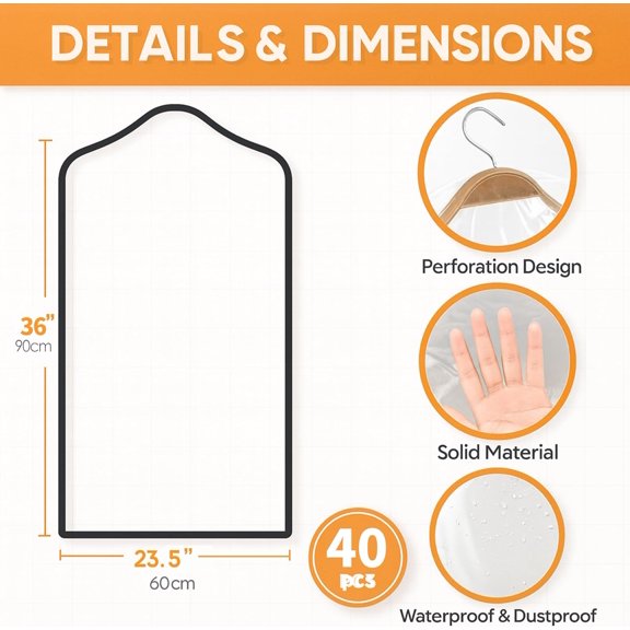KEFENL-40 Pack Clear Plastic Garment Bags, 35.5" x 23.5", Clothes Covers for Hanging, Dry Cleaning Bags for Closet Storage, Dust-Proof Transparent Covers for Shirts, Suits & Jackets