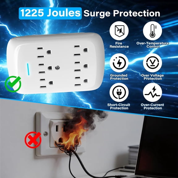 KEFENL-6 Outlet Extender Surge Protector 1 Pack, 980 Joules 3-Prong Grounded Electrical Plug Outlets, Wall-Mountable Power Adapter Wall Tap with Indicator LED Light for Home,Office, Travel, White, E