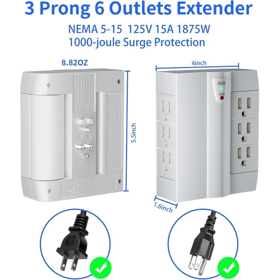 KEFENL-6 Outlet Extender Surge Protector, Side Access Swivel Power Splitter, 3 Rotatable Multi Outlet Wall Tap Adapter, Tight Fit, 3-Prong Grounded Flat Space Saving Snug Plug, 1000J/125V, ETL-White