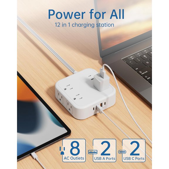 KEFENL-8-Outlet Power Strip with 6 USB Ports (2 USB-C) and Surge Protection, 5ft Flat Plug Extension Cord, 1875W/15A Multi Plug Charging Station for Home Office, Square Compact Design, White