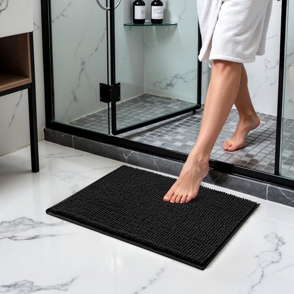 KEFENL-Bathroom Rugs Chenille Bath Rug Soft Short Plush Bath Mat Soft Shower Mat Water Absorbent Shower Mat Quick Dry Machine Washable(Black,18" x 24")