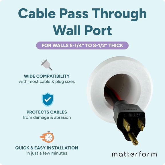 KEFENL-Cable Pass Through Wall Port, Extended Length | Fits Cable Sizes up to 3-Prong Plug | Extra Long Compatible with 5 1/4 - 8 1/2 Wall Thickness | Provides Solid Channel Through Wall (White)