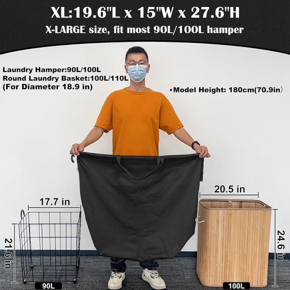 KEFENL-Canvas Laundry Bags with Handles & Rectangular Base, 20"Lx15"Wx27.6"H Extra Large Heavy Duty Laundry Basket Hamper Liner Replacement, Washable Canvas Drawstring Dirty Clothes Bag (Black)
