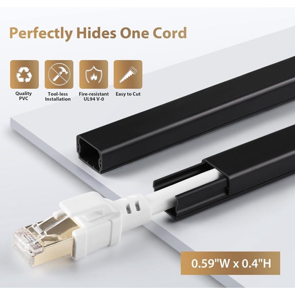 KEFENL-Cord Hider for One Wire, 102in Cable Hider Concealer, Paintable Wall Wire Covers, PVC Cable Management Raceway for A Thick Extension Cord, W0.59 H0.4in, Black